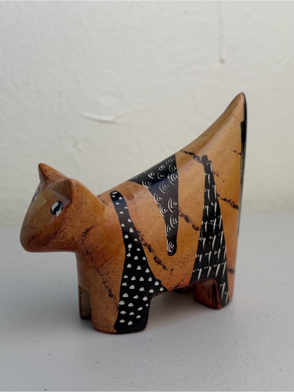 Hand Carved Painted Wood Cat Figurine 4” Folk Art Black Tan Kitty Sculpture